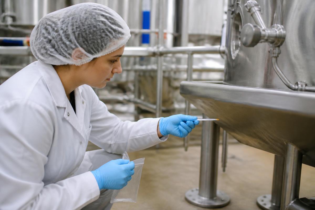 Quality technician performing a sanitation verification in a processing facility